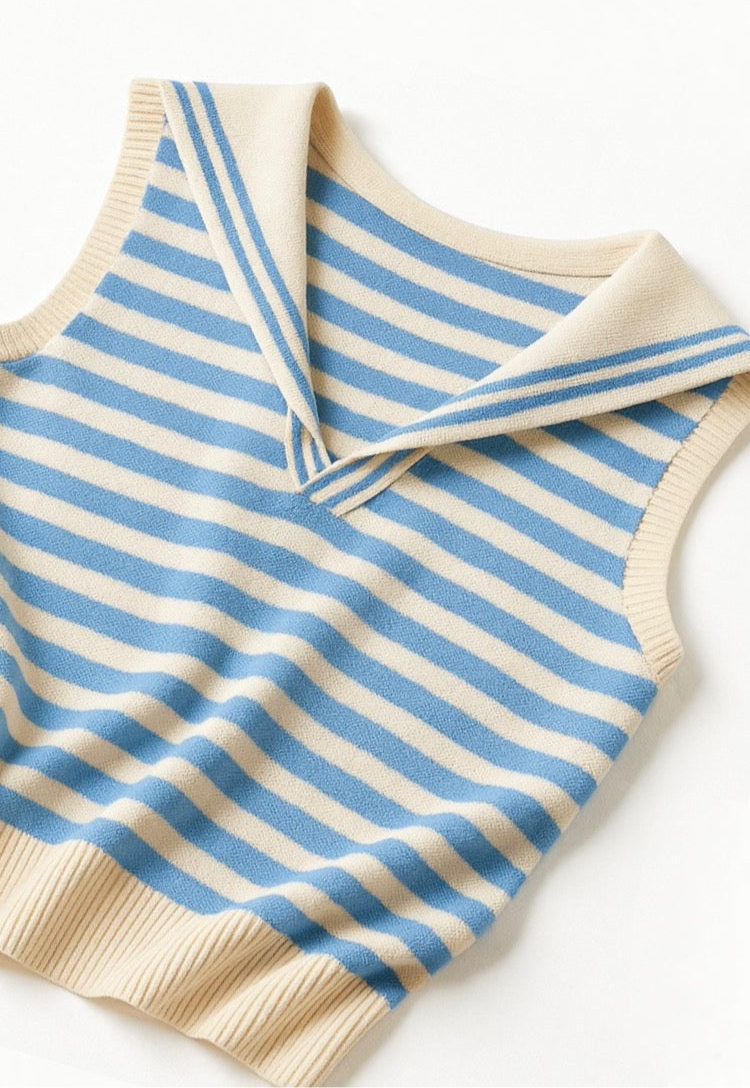 北岛 AMUU Sailor Breeze Blue Striped Navy Collar Sleeveless Knit Top