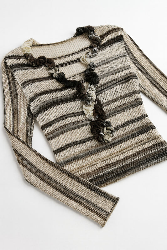 INSS Retro V-Neck Ruffle Knit Top