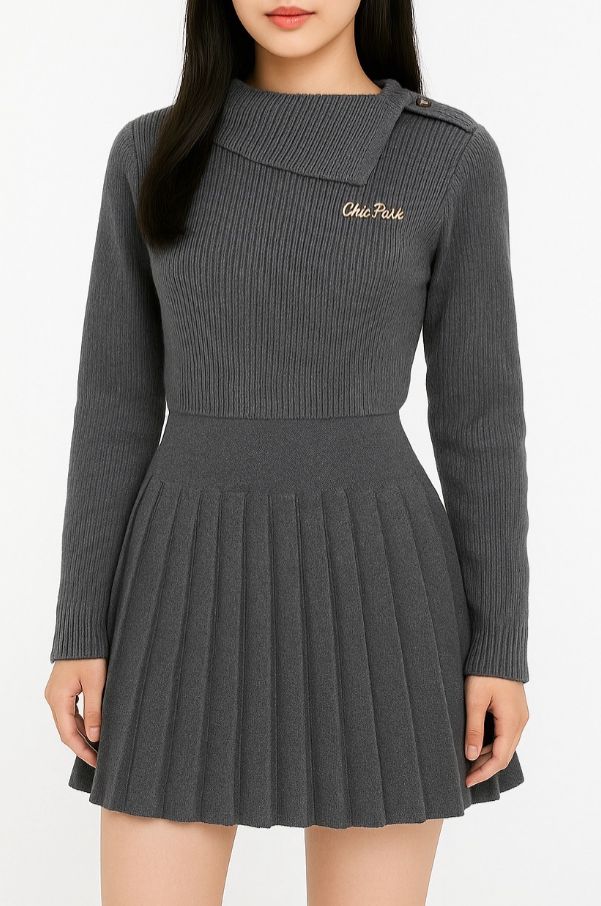 CHiCPARK Asymmetrical Collar Pleated Knit Dress