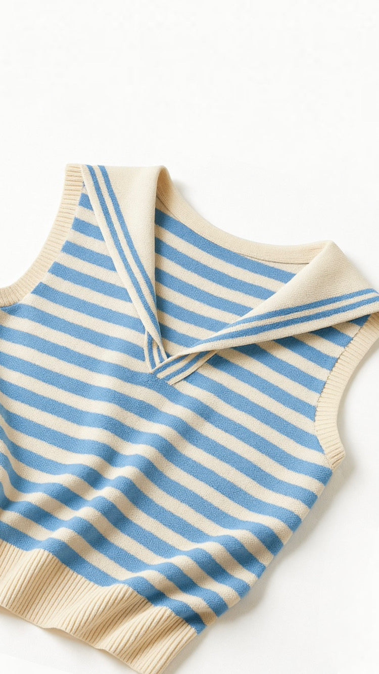 北岛 AMUU Sailor Breeze Blue Striped Navy Collar Sleeveless Knit Top
