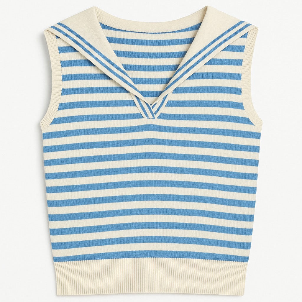 北岛 AMUU Sailor Breeze Blue Striped Navy Collar Sleeveless Knit Top