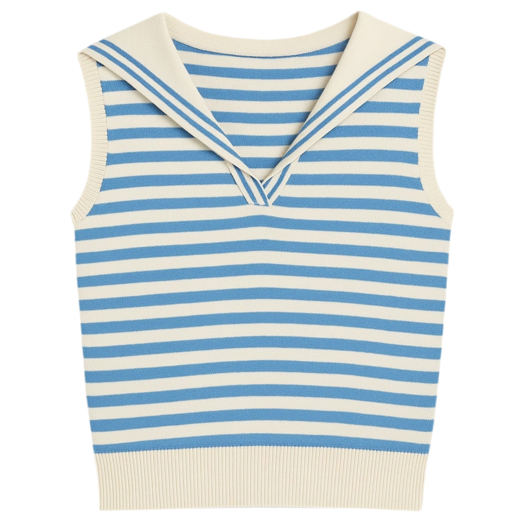北岛 AMUU Sailor Breeze Blue Striped Navy Collar Sleeveless Knit Top