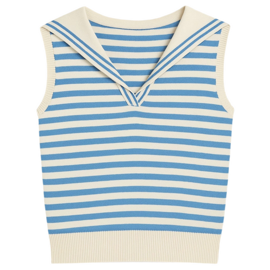 北岛 AMUU Sailor Breeze Blue Striped Navy Collar Sleeveless Knit Top