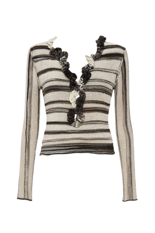 INSS Retro V-Neck Ruffle Knit Top