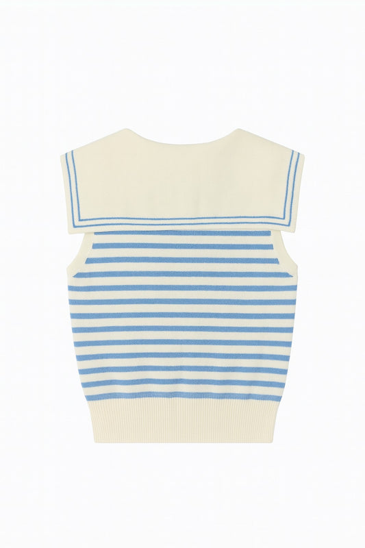 北岛 AMUU Sailor Breeze Blue Striped Navy Collar Sleeveless Knit Top