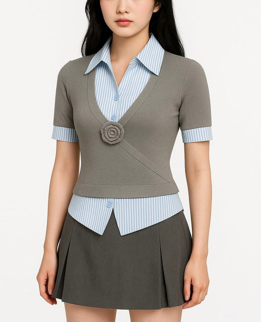 HEART FRAGILE Women's Two-Piece Look Knit & Stripe Contrast Top with Floral Accent