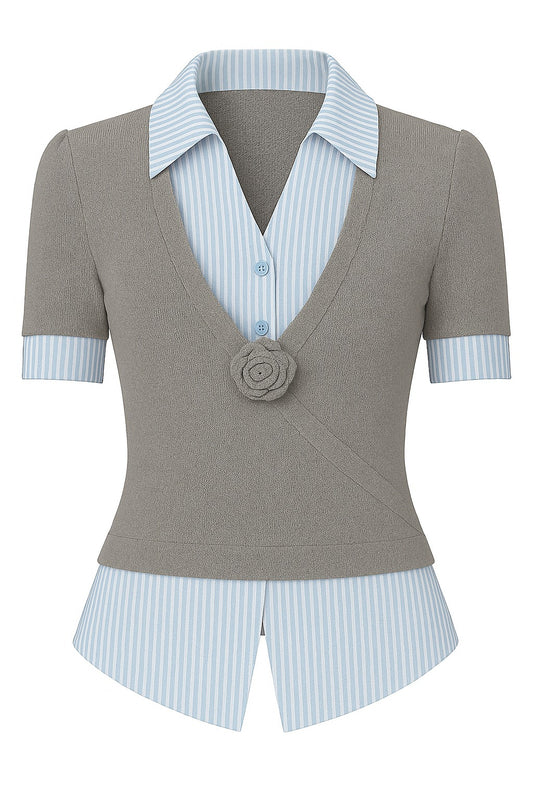 HEART FRAGILE Women's Two-Piece Look Knit & Stripe Contrast Top with Floral Accent